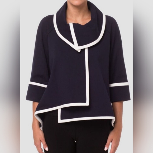 LIKE NEW WITH TAG Joseph Ribkoff Asymmetrical Black White Trim, Wrap Jacket Cape - Picture 3 of 14